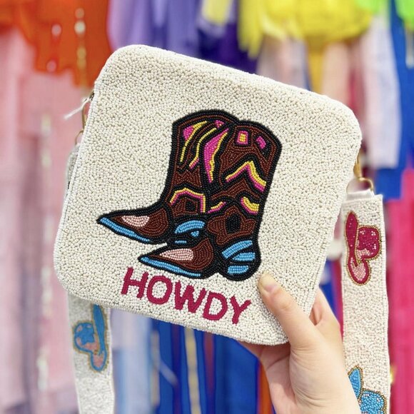 NEW HOWDY Cowboy Boots Country Western Beaded Crossbody Box Bag Handbag & Strap - Picture 1 of 4